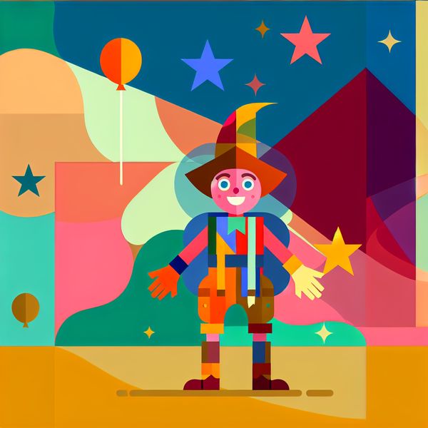 Avontuurlijke zoektocht met vergrootglas Een kleurrijke minimalistische illustratie van een blije kindachtige avonturier die een vergrootglas vasthoudt terwijl hij een landschap verkent vol verborgen schatten zoals sterren, ballonnen en badges.