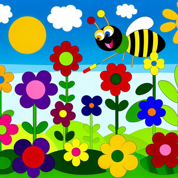Blije bij en kleurrijke bloemen in de tuin Vrolijke tuin met kleurrijke bloemen en een blije bij die rondvliegt