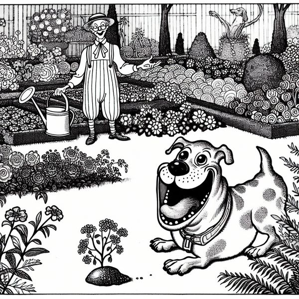 Een cartoonachtige afbeelding van een blije hond die speelt met een kleine, glanzende steen in een kleurrijke tuin.