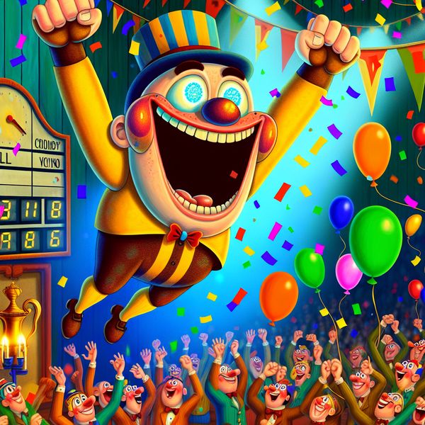 Blije karakter viert overwinning met confetti en ballonnen Vrolijke cartoonfiguur springt in de lucht met opgestoken handen, omgeven door kleurrijke confetti en ballonnen, uitdrukkend blijdschap.