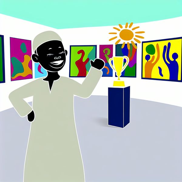 Blije kunstenaar ontvangt trofee in galerij Minimalistische illustratie van een blije kunstenaar die een trofee ontvangt in een kleurrijke galerij, met schilderijen op de achtergrond.