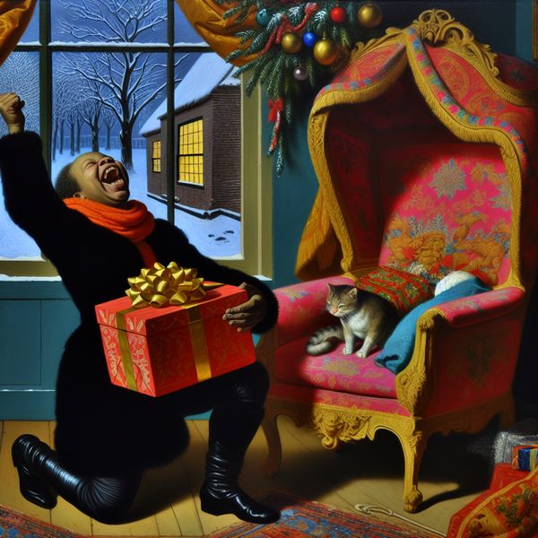 Een persoon opent een feestelijk ingepakt cadeau in een gezellige winterscène, met een kat die tevreden op een fauteuil ligt.