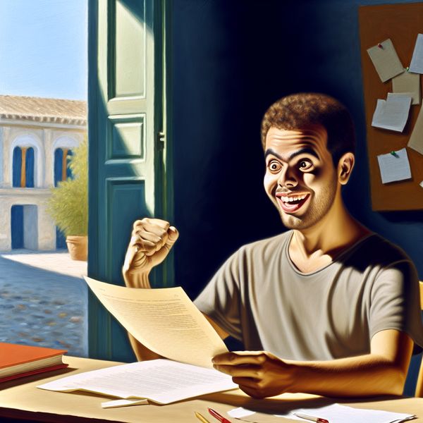Een blije persoon zit aan een bureau met een open examenblad en kijkt opgelucht en enthousiast na het controleren van de resultaten.