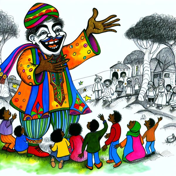 Blije volwassene inspireert kinderen in kleurrijke cartoon Een speelse cartoonillustratie van een blije volwassene die zijn handen omhoog steekt terwijl kleine kinderen omhoog kijken in bewondering.
