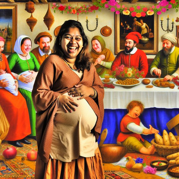 Vrolijke zwangere vrouw in gezellige Nederlandse setting Een blije zwangere vrouw in een gezellige Nederlandse woonkamer, omringd door familie en vrienden die haar zwangerschap vieren.