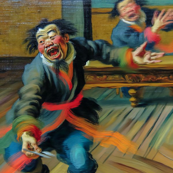 Blijven doorzetten: dynamisch schilderij van verhalen vertellen zonder publiek Schilderij in de stijl van Frans Hals van een man die gepassioneerd een verhaal vertelt aan een lege kamer, met levendige gebaren en expressie, symbool voor doorgaan zonder te stoppen