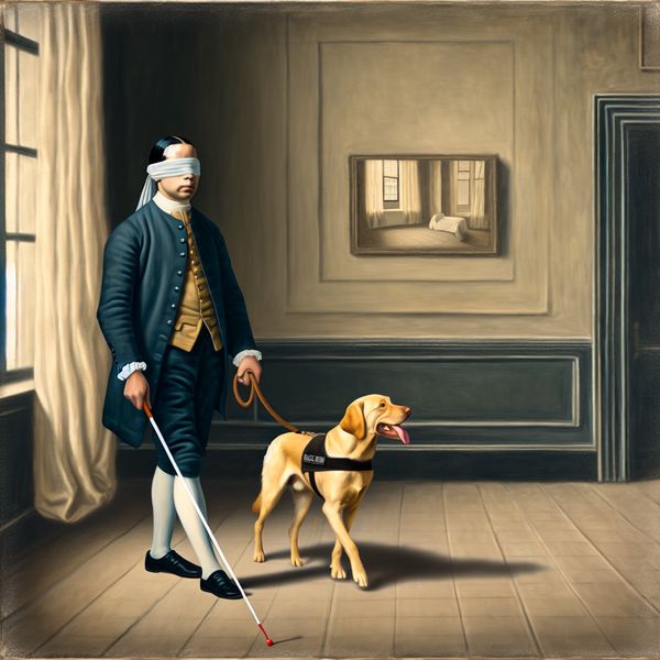 Blinde persoon met geleidehond in elegante binnenruimte Een slecht verlichte ruimte met een blinde persoon die met een geleidehond zelfstandig loopt.