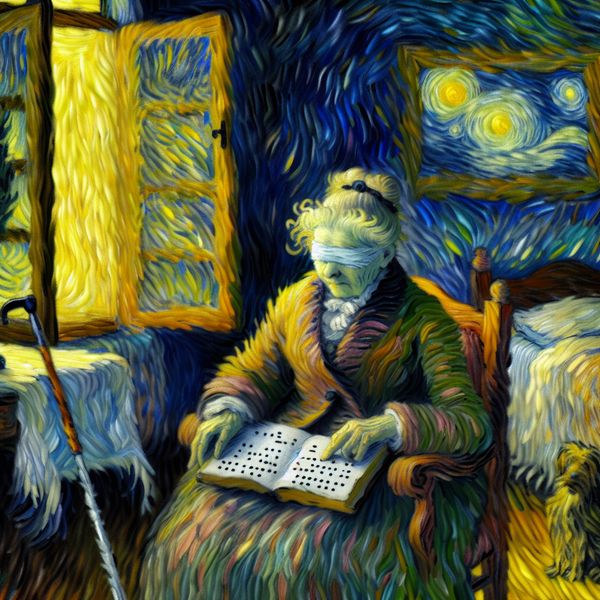 Oudere vrouw met gesloten ogen leest een brailleboek in een zonnige kamer, omringd door een trouwe hond en een wandelstok, in Van Gogh-stijl