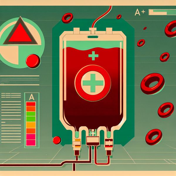 Retro-futuristische illustratie van bloedgroep A+ met bloedzak, bloedcellen en compatibiliteitsschema