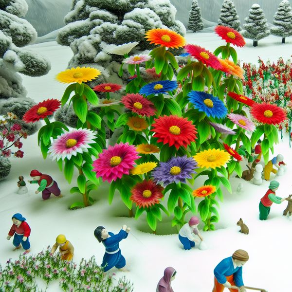 Winterse bloeiende bloemen en spelende kinderen Een groep kleurige bloemen die bloeien te midden van een sneeuwlandschap met kinderen die in de sneeuw spelen.