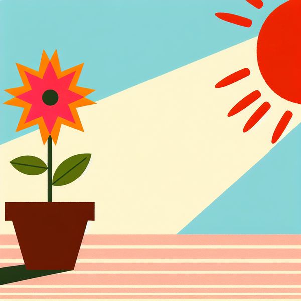 Illustratie van een kleurrijke bloem die groeit uit een simpel potje, geïnspireerd door Dick Bruna, met een heldere achtergrond en een vrolijk stralende zon.