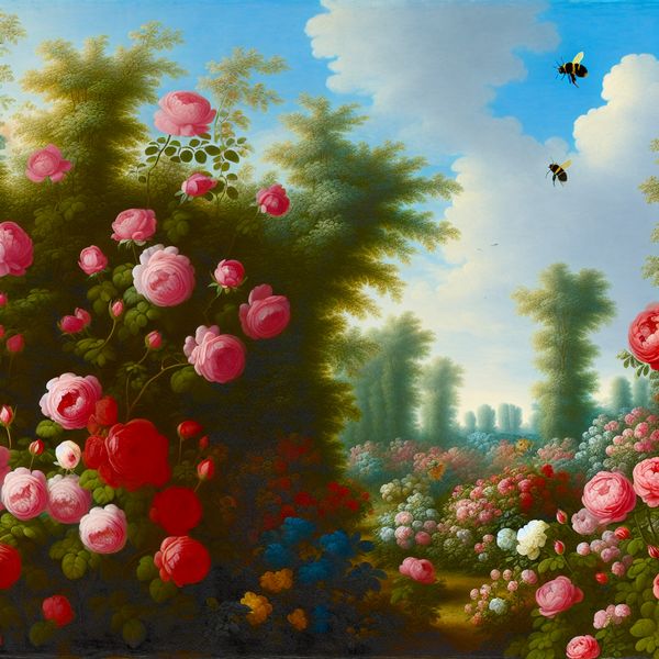 Lentetuin met bloeiende rozen en zorg voor groei Landschap met bloeiende rozen in verschillende tinten rood en roze, verlicht door zacht ochtendlicht, met blauwe lucht en witte wolken erachter