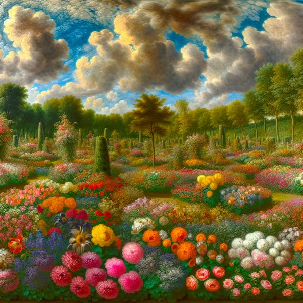 Een overvloedige tuin vol kleurrijke bloemen die overal in het landschap bloeien.