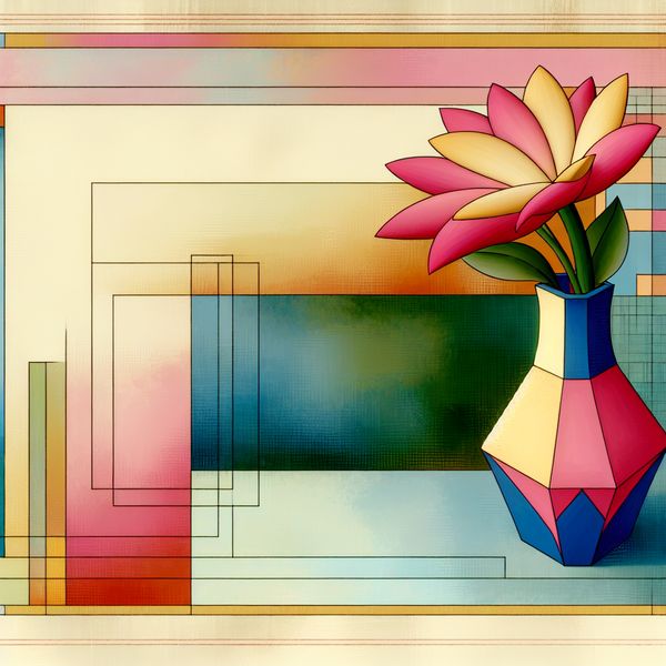 Stijlvolle retro-futuristische illustratie van een bloem in een geometrische vaas als cadeau van vriendschap