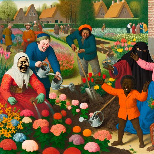 Een vrolijke vrouw plant kleurrijke bloemen terwijl kinderen in de buurt deze water geven in een levendige bloemen tuin.