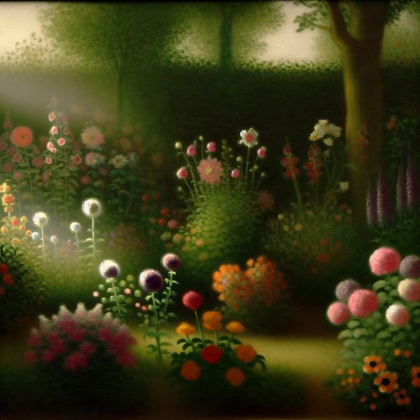 Diverse Bloemen in Serene Tuinscène Een serene tuinscène met een verscheidenheid aan kleurrijke bloeiende bloemen in verschillende vormen, geïnspireerd door de stijl van Johannes Vermeer.