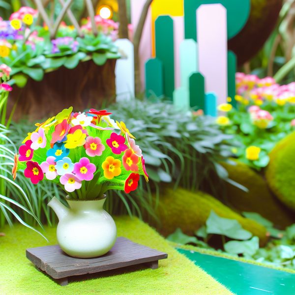 Een kleine groep kleurrijke bloemen in een vintage vaas in een tuinsetting.