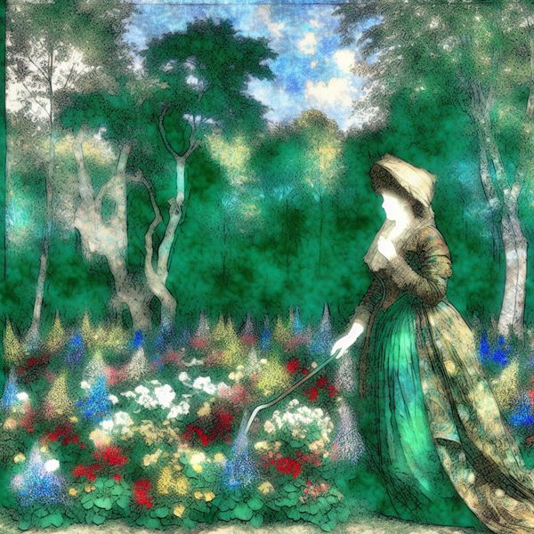 Bloemen laten groeien in de lente: Tuinier in vintage kleding Een tuinier in vintage kleding zorgt voor bloeiende bloemen in een levendig park in de lente.