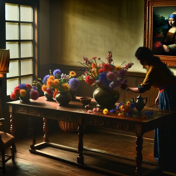Een persoon plaatst een boeket bloemen in een vaas op een houten tafel.