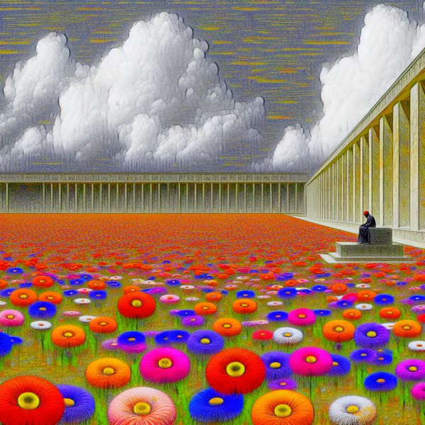 Hyper-realistisch bloemenveld met contemplatieve figuur Een hyper-realistisch tafereel van een uitgestrekt bloemenveld onder een surrealistische, bewolkte lucht met een contemplatieve figuur op een bank.
