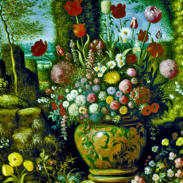 Vibrante bloemen in een decoratieve bloempot Kleurrijke bloempot gevuld met tulpen en madeliefjes in een levendige tuin.