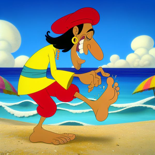 Blote voeten op het strand met splinter Een vrolijke cartoonfiguur die blote voeten in het zand op het strand heeft, met een splinter zichtbaar onder de voet.