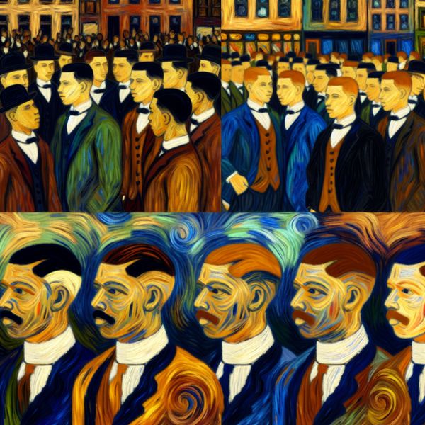 Vintage bob-kapsel jaren 1920: historische mannenhaardracht in Van Gogh-stijl Historische scène uit de jaren 1920 met mannen met een 'bob'-kapsel in een stijlvolle stad of kapperszaak, geschilderd in Van Gogh-stijl