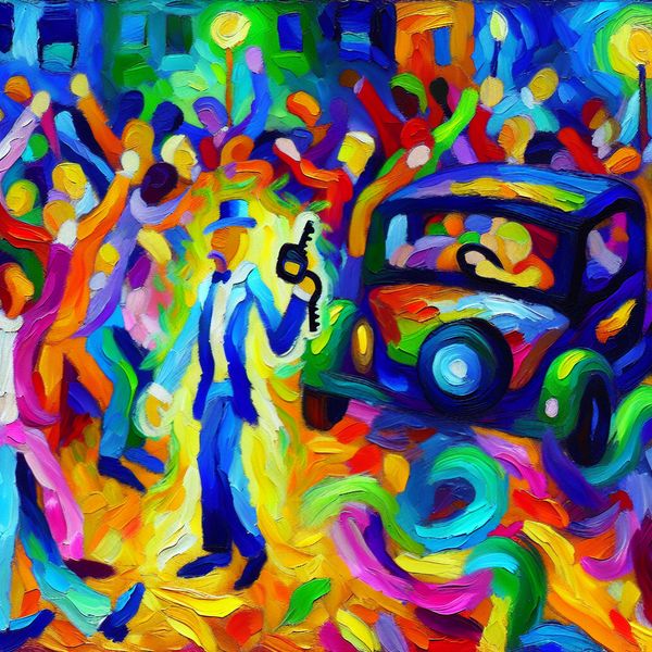 Abstracte voorstelling van een nuchtere bob die autosleutels vasthoudt tijdens een kleurrijk feest met dansende mensen
