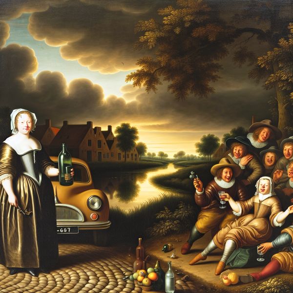 17e-eeuwse Nederlandse landschapsscène met een groep vrienden bij een kanaal, waarbij één persoon met een 'Bob'-badge de nuchtere chauffeur is