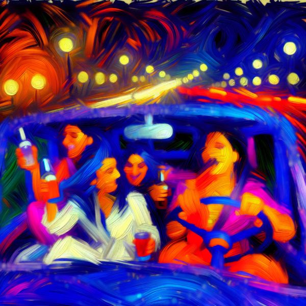 Bob achter het stuur: veilig autorijden met vrienden tijdens een avondje uit Abstract expressionistische voorstelling van een groep vrienden in een auto 's nachts, waarbij de nuchtere bob zelfverzekerd rijdt terwijl anderen lachen en drinken