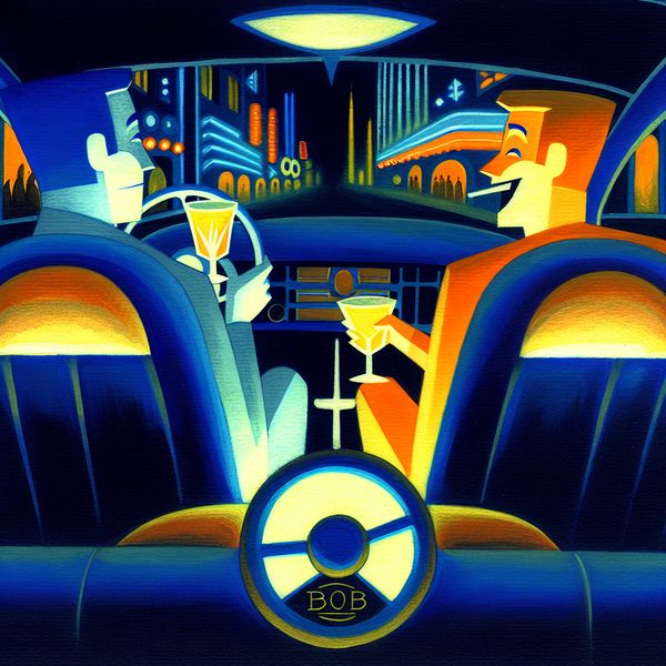 BOB autorijden: veilig vervoer na een avondje stappen met vrienden Retro-futuristische illustratie van een nuchtere BOB die vrienden veilig naar huis rijdt tijdens een avondje uit, met een neonverlichte stad op de achtergrond