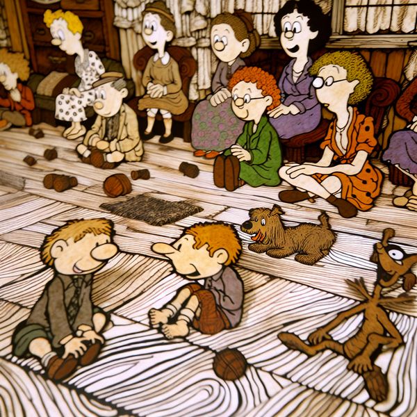 Kleurrijke cartoonachtige woonkamer met expressieve personages die gezellig op de houten vloer zitten, in de stijl van Marten Toonder