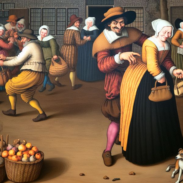 17e-eeuwse Nederlandse marktscène in de stijl van Jan Steen, waarin een boef stiekem een portemonnee steelt van een afgeleide oudere vrouw