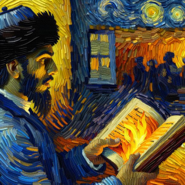 Persoon verdiept in een boeiend boek met levendige Van Gogh-stijl penseelstreken en warme kleuren