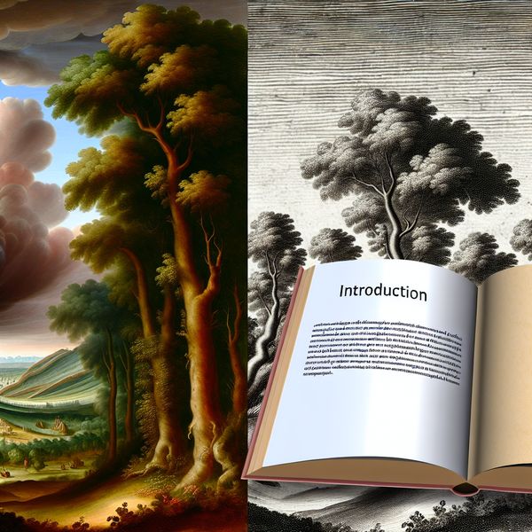 Sfeervolle opening van een boek hoofdstuk in de natuur Een open boek in een prachtig landschap met een dramatische lucht, symboliserend de opening van een verhaal.