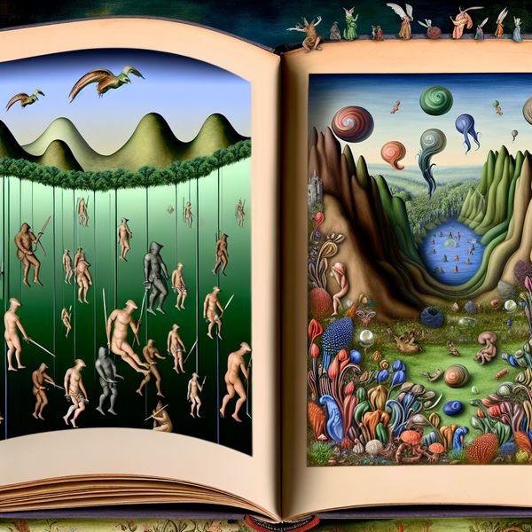 Surrealistisch schilderij in de stijl van Hieronymus Bosch van een open boek waarvan de pagina's veranderen in een fantasielandschap met historische taferelen en magische natuur