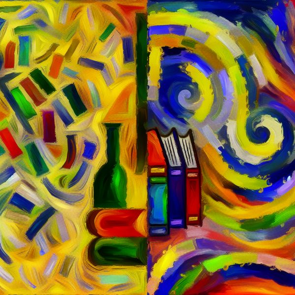 Boekvergelijking in Abstracte Stijl Vibrante abstracte afbeelding die twee boeken vergelijkt, een levendig en de andere minder interessant.