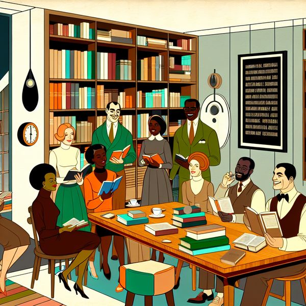Levendige retro-futuristische illustratie van een gezellige boekenclubbijeenkomst met diverse leden die boeken bespreken in een sfeervolle ruimte met boekenplanken en warme verlichting