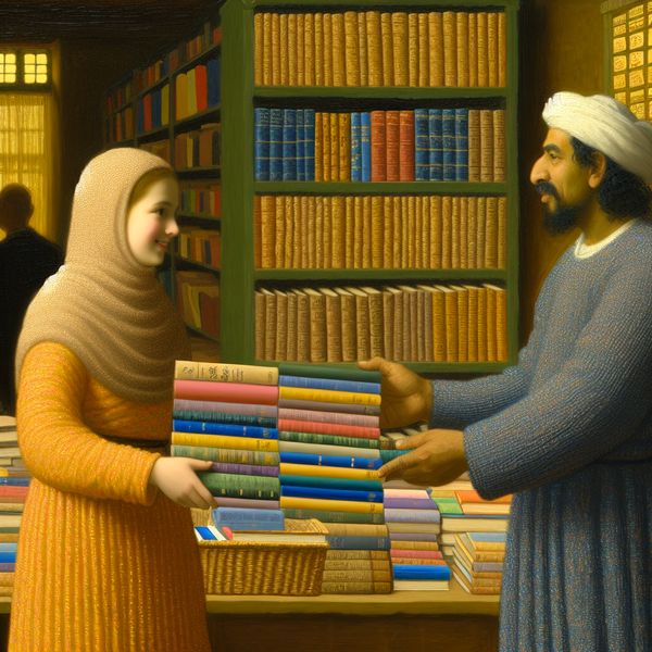 Vriendelijk boekenruil op een gezellige boekenbeurs Twee mensen wisselen boeken uit op een sfeervolle boekenbeurs