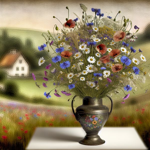 Een kleurrijk boeket veldbloemen in een vintage vaas, met een landelijke achtergrond.