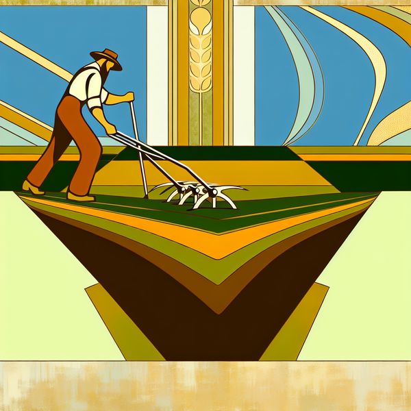 Boer Bezig met Aarde Bewerken - Retro-Futuristische Illustratie Een boer die met een traditionele ploeg de aarde op zijn akker bewerkt, omringd door geometrische patronen van gewassen in een retro-futuristische stijl.