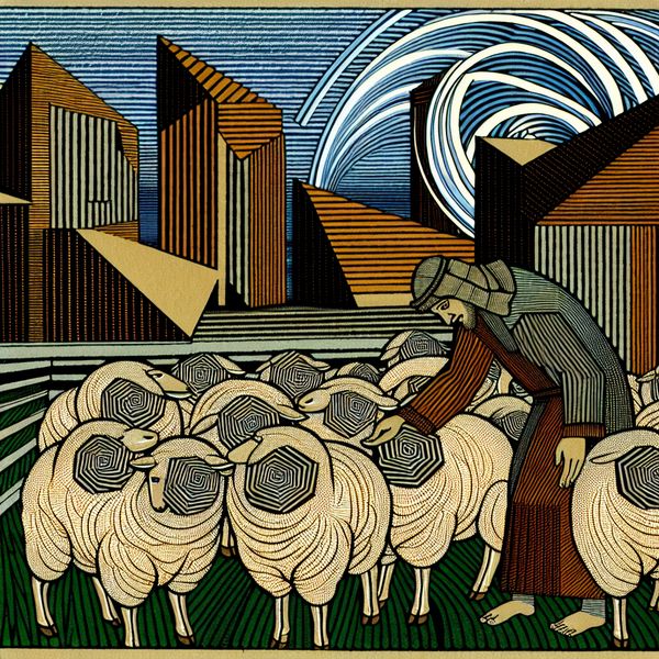 Surrealistische afbeelding van een boer die zijn schapen beschermt tegen de kou in een geometrisch landschap