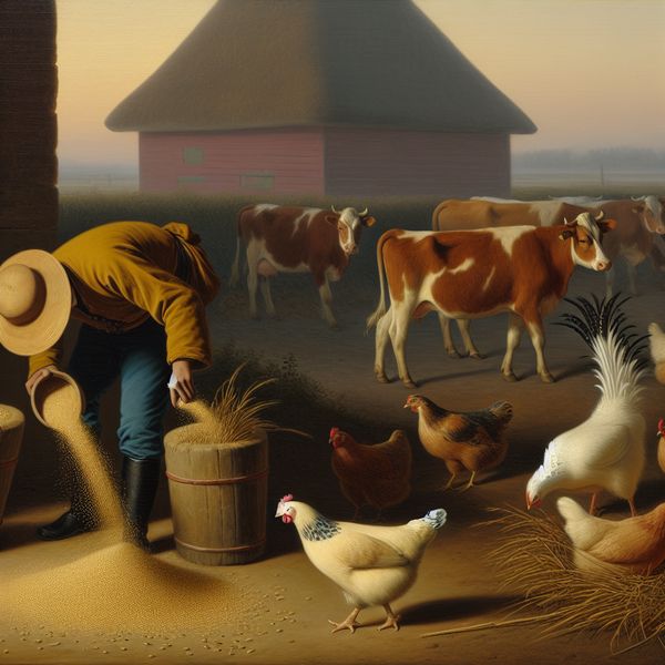 Boer met dierenvoer voor koeien en kippen Een boer die voer in voederbakken giet terwijl koeien en kippen eromheen staan.