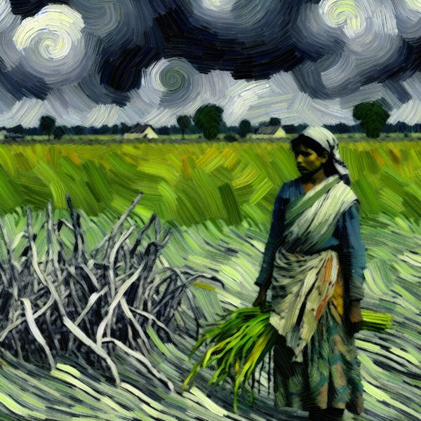 Boer in Stormachtig Veld - Kunst van Veerkracht Bepaalde boer staat in een stormachtig veld met donkere wolken boven, omringd door kromme gewassen die zijn hardheid symboliseren.