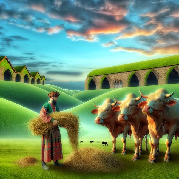 Boer Voert Koeien met Hooi in Dromerige Landschap Een boer in traditionele kleding voert zijn gezonde, grote koeien met vers hooi in een groene weide tijdens de ochtend.