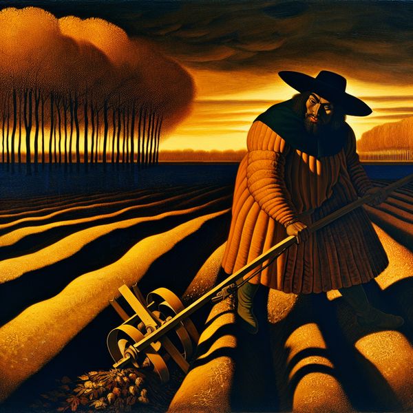 Boer omploegt akker na de oogst Boeren in rijke, textuurvolle kleding ploegen de aarde om na de oogst, met een dramatische zonsondergang op de achtergrond.