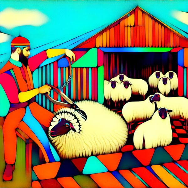Boer Scheert Schapen in Retro-futuristische Boerderij Een boer die schapen scheert met een schaar in een kleurrijke boerderijomgeving, met andere schapen die nieuwsgierig toekijken.