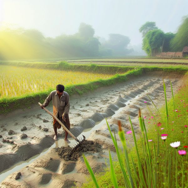 Boer Snijdt Groeven voor Waterafvoer in een Landelijke Scène Boer die met een hoes ondiepe groeven in een zonverlichte akker snijdt.
