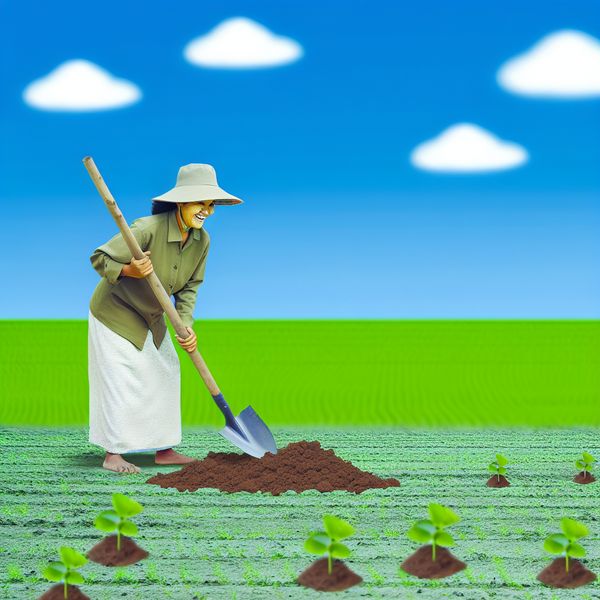 Boer aan het Werk met Schep in Tuin Een boer met een grote hoed die op een zonnige dag grond aan het verplaatsen is met een schep, omgeven door groene planten.