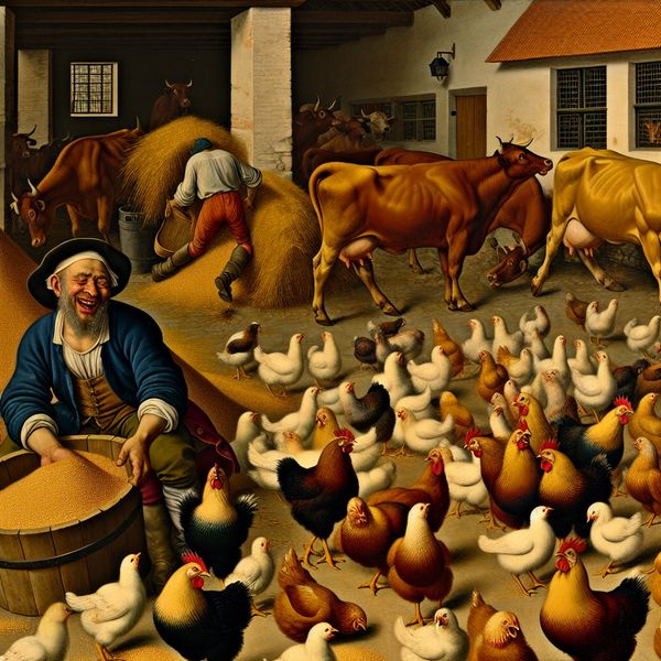 Levendige boerderijscene - Kip en Koeien Drukke boerderijscene met kippen die korrels uit een grote houten voederbak halen, terwijl een boer hooi in de bak voor koeien gooit, met speelse kuikens rondom.